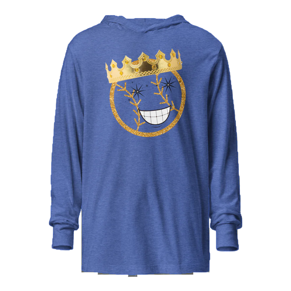 Blue hoodie with a smiley face design featuring a crown on a white background