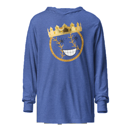 Blue hoodie with a smiley face design featuring a crown on a white background
