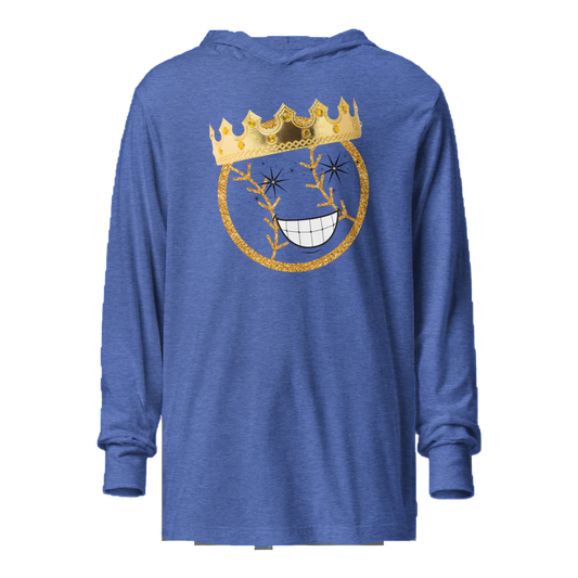 Blue hoodie with a smiley face design featuring a crown on a white background