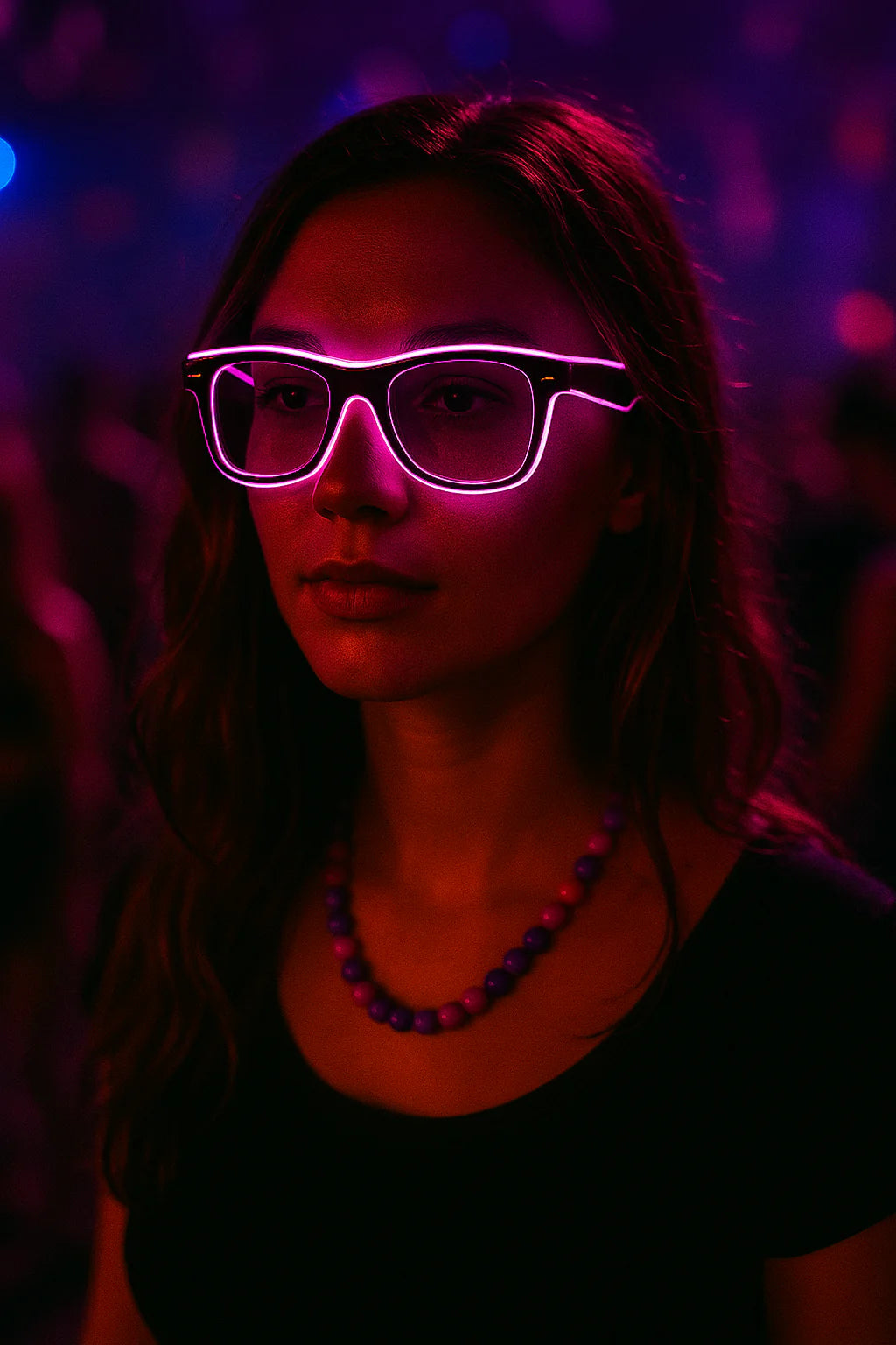 Person wearing neon pink glasses in a dark setting