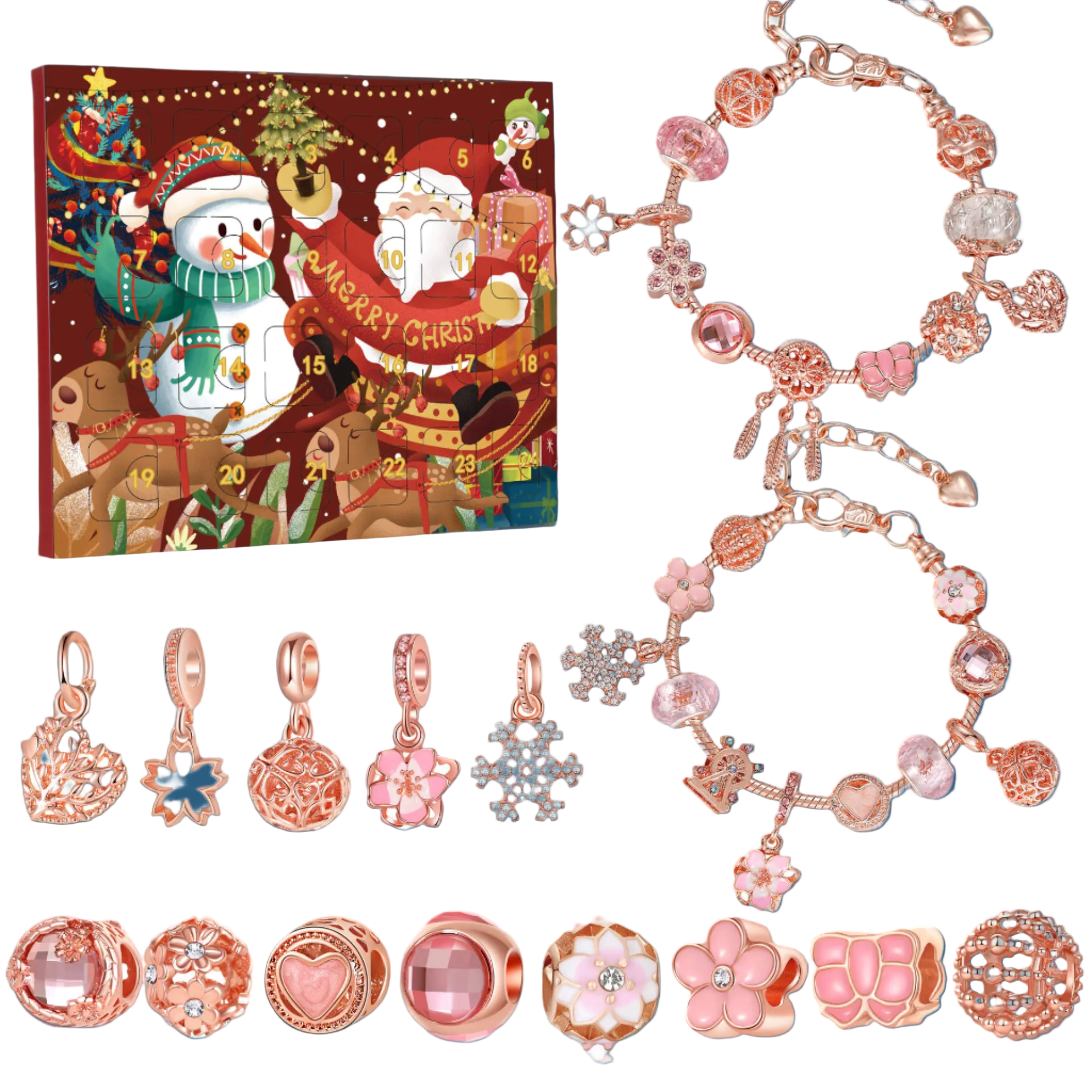 Christmas-themed advent calendar with jewelry charms on a white background