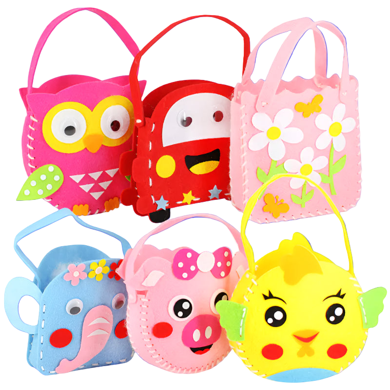 Set of colorful children's bags with animal faces on a white background