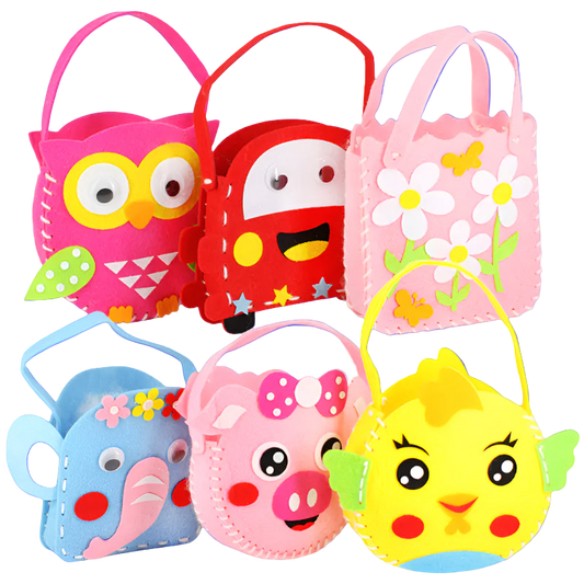 Set of colorful children's bags with animal faces on a white background