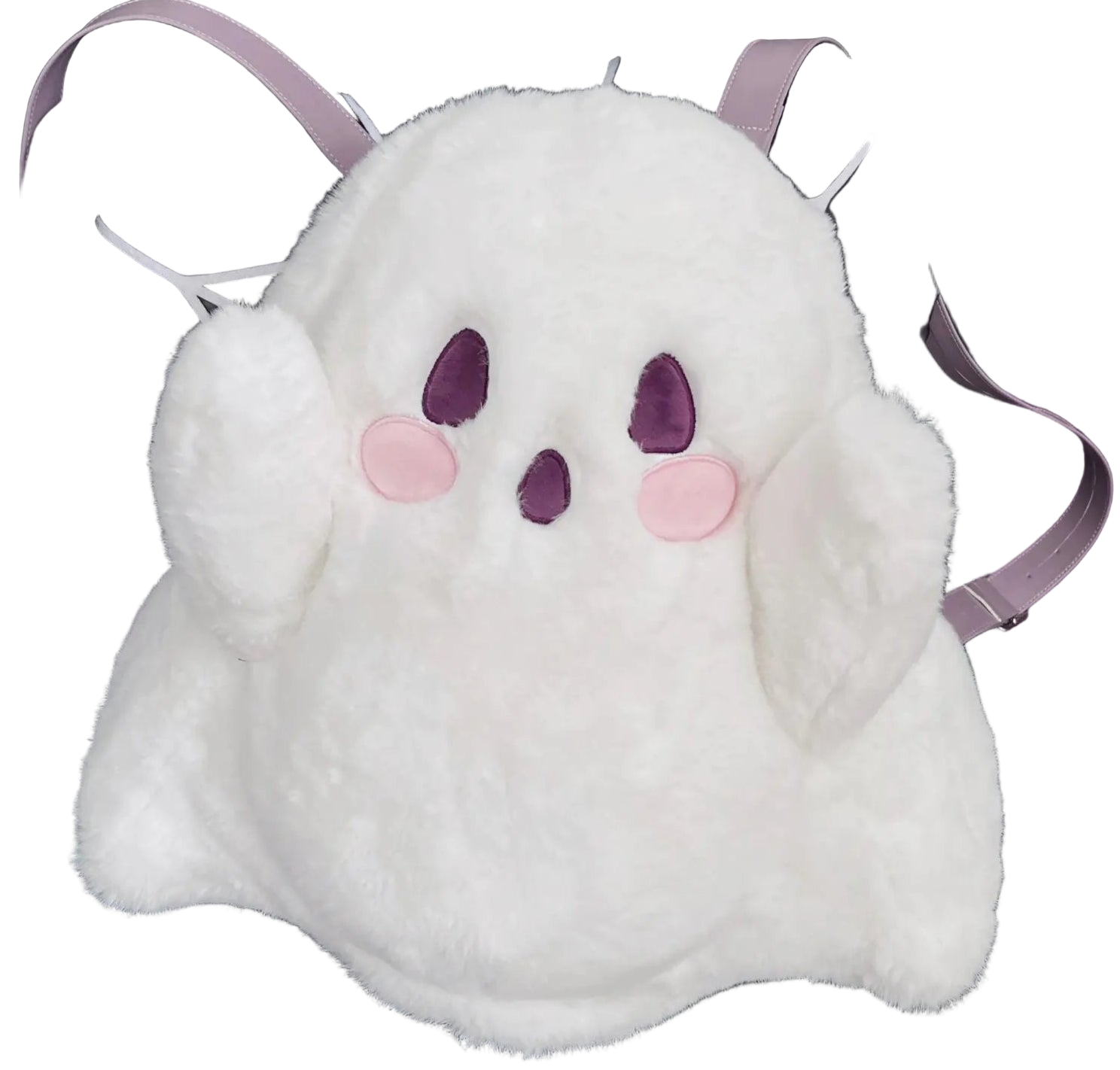 Plush ghost-shaped pillow on a black leather chair