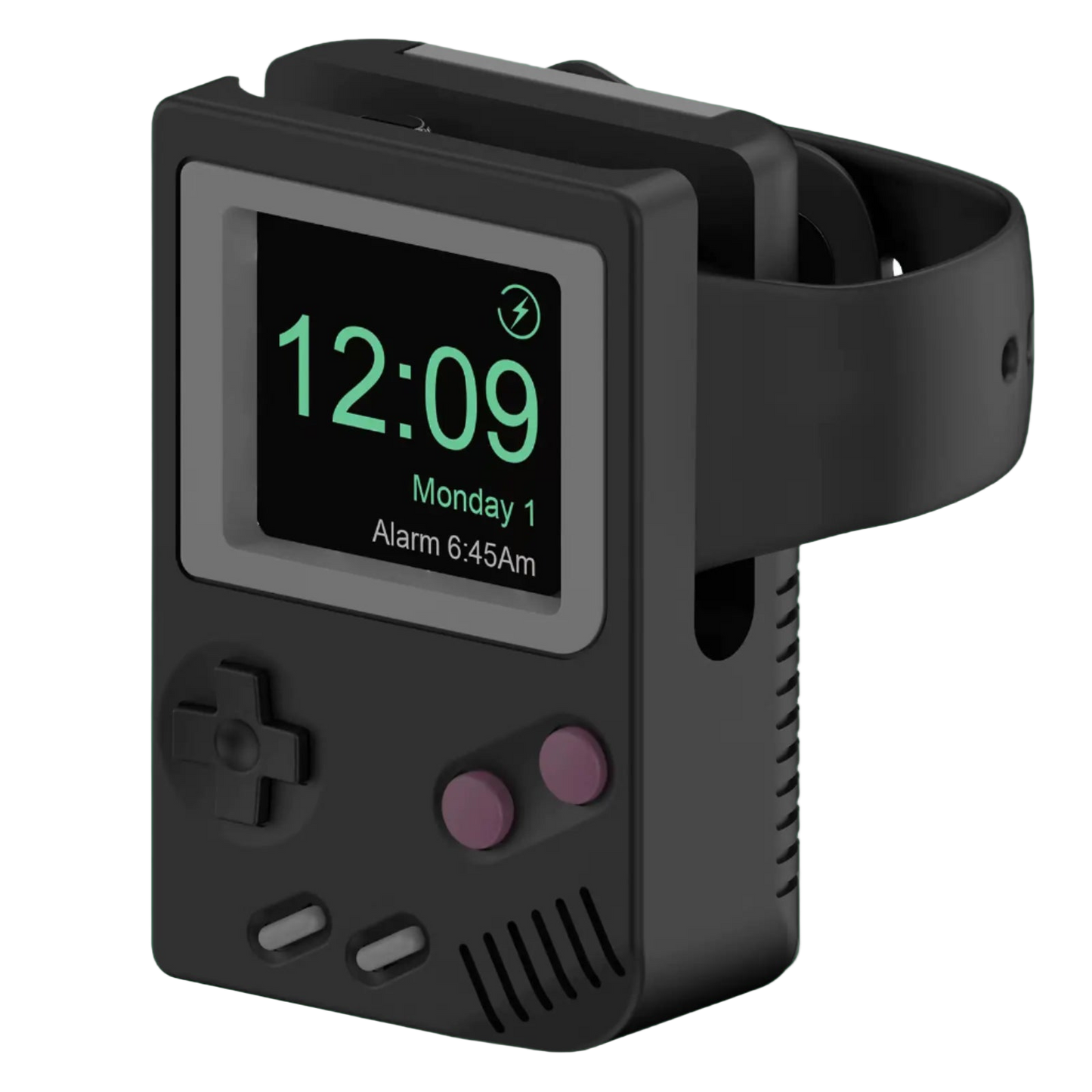 Black digital clock with wrist strap displaying time and date on a white background