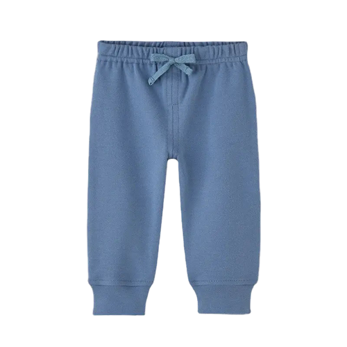Blue baby pants with a drawstring on a white background