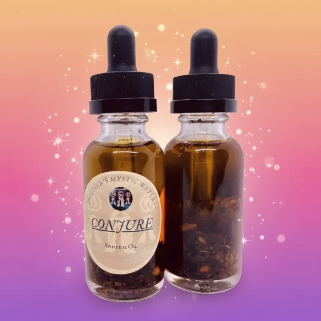 Two glass bottles with dropper caps labeled 'Conjure' on a white background.