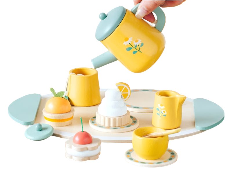 Children's tea set with yellow teapot and cups on a wooden table, text 'Play house afternoon tea ENJOY MY TEA TIME'.