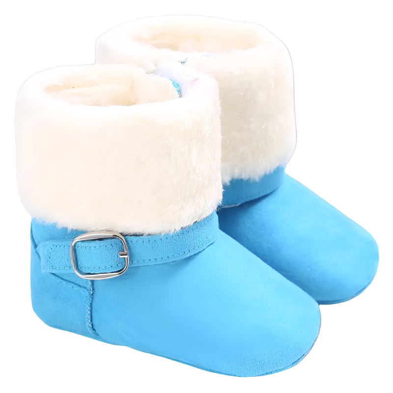 Blue baby shoes with white fur lining on a white background