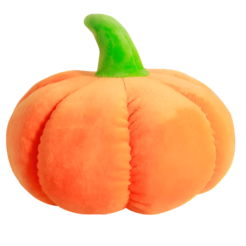 Plush pumpkin toy with a green stem on a white background