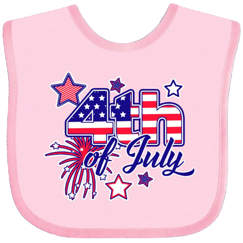 Pink baby bib with '4th of July' design featuring stars and fireworks on a white background