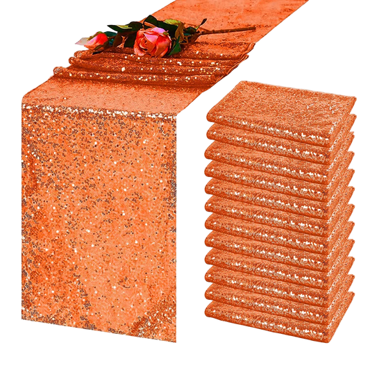 Stack of rose gold glitter table runners with a single runner on a white background