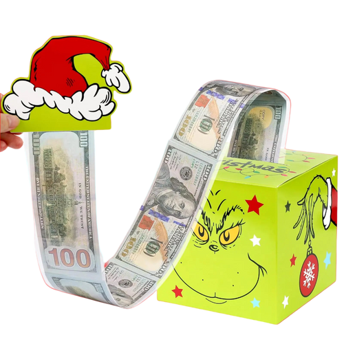 Money roll with a Grinch face design on a box, featuring a Santa hat icon.