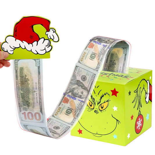 Money roll with a Grinch face design on a box, featuring a Santa hat icon.
