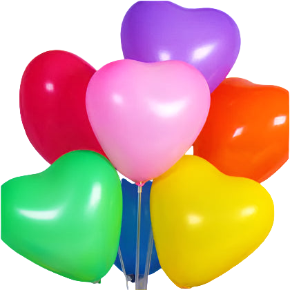 Colorful heart-shaped balloons on a shelf with decorative items in the background.