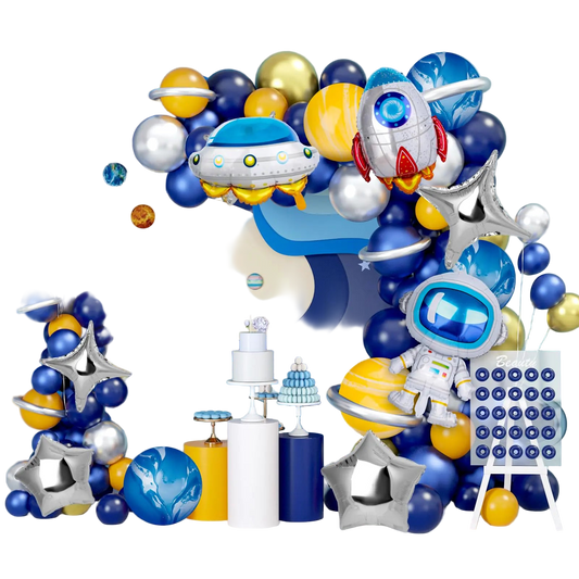 Space-themed balloon arch with planets, stars, and astronaut decorations against a blue background.
