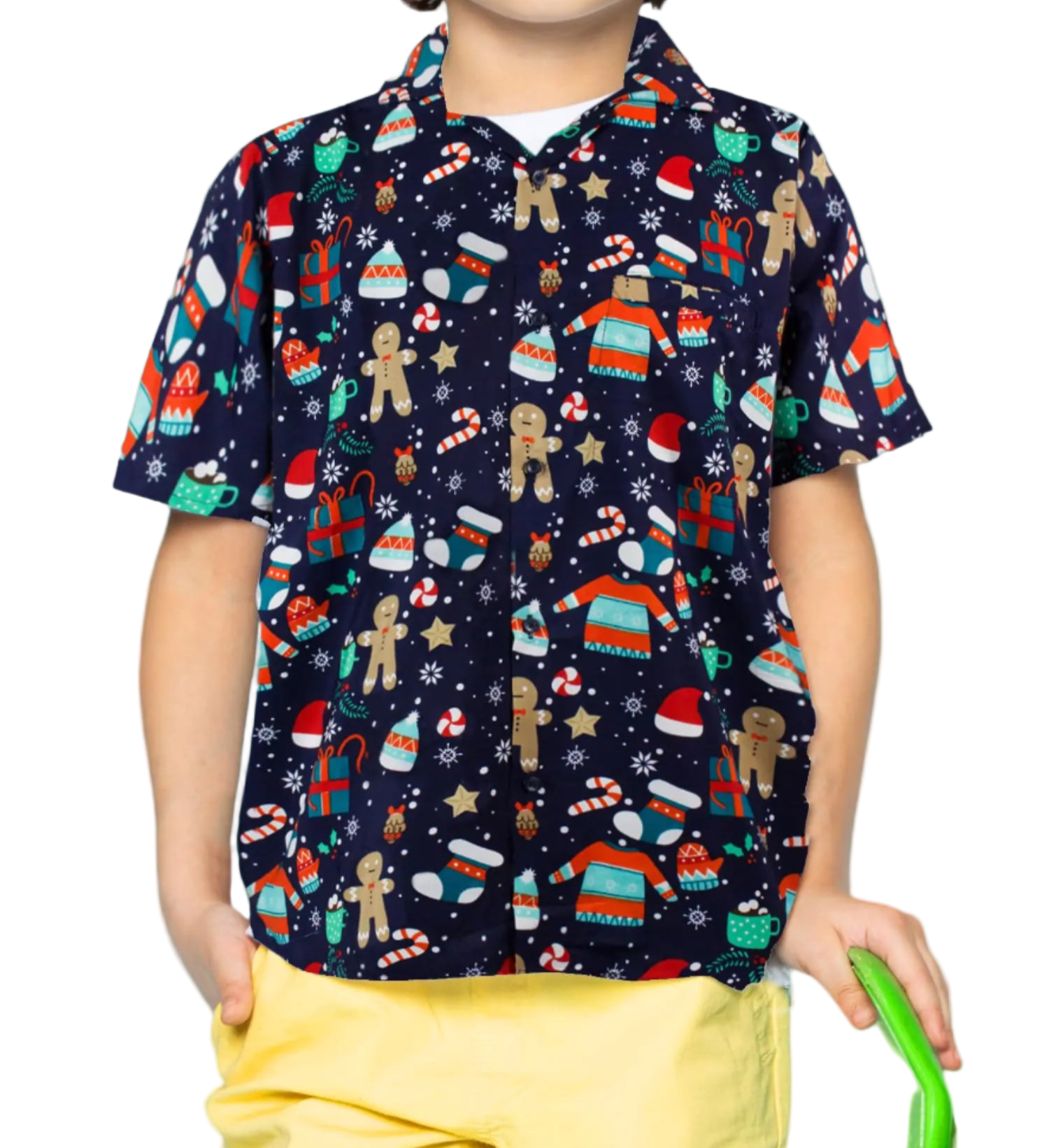 Child wearing a colorful patterned shirt with a white background