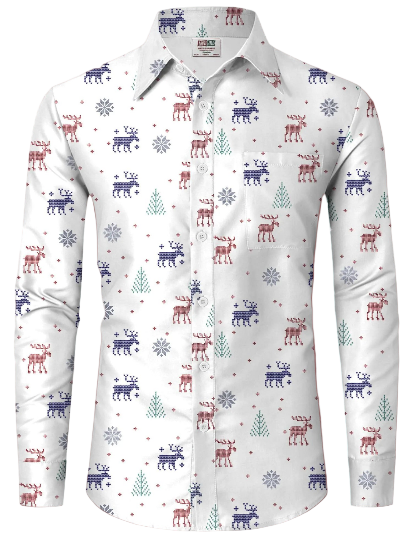 White shirt with reindeer and snowflake pattern on a white background