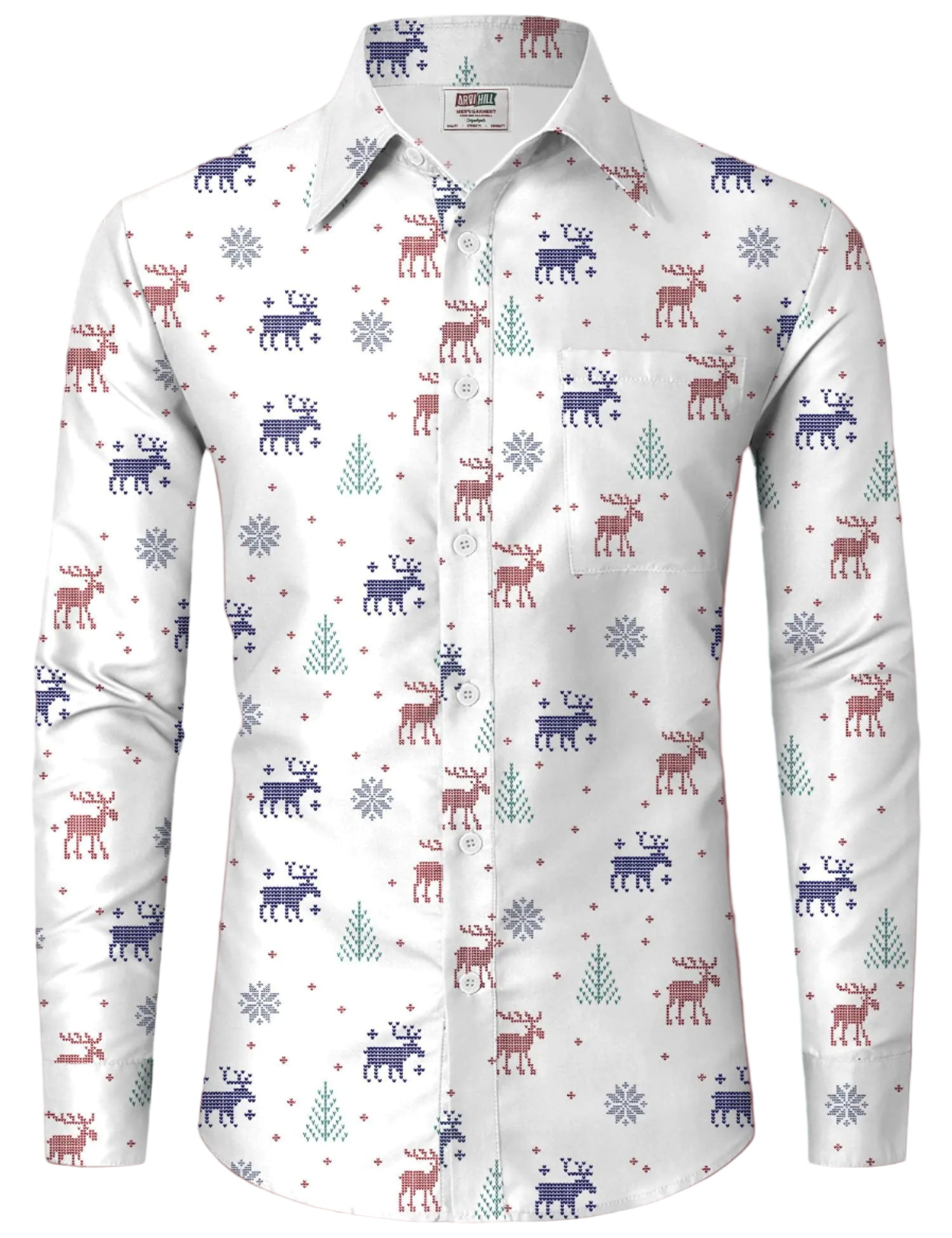 White shirt with reindeer and snowflake pattern on a white background