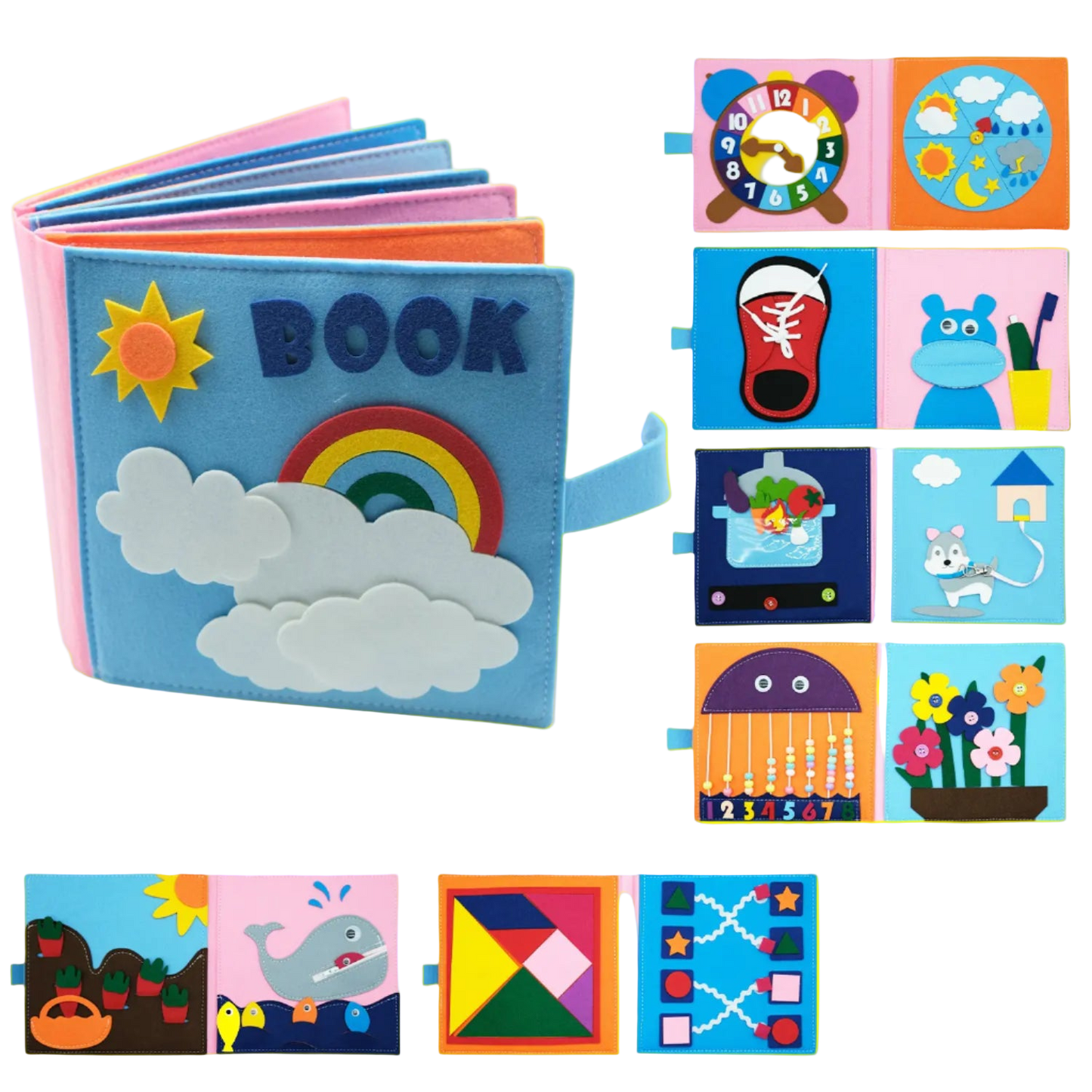 Colorful soft book with various educational panels on a white background