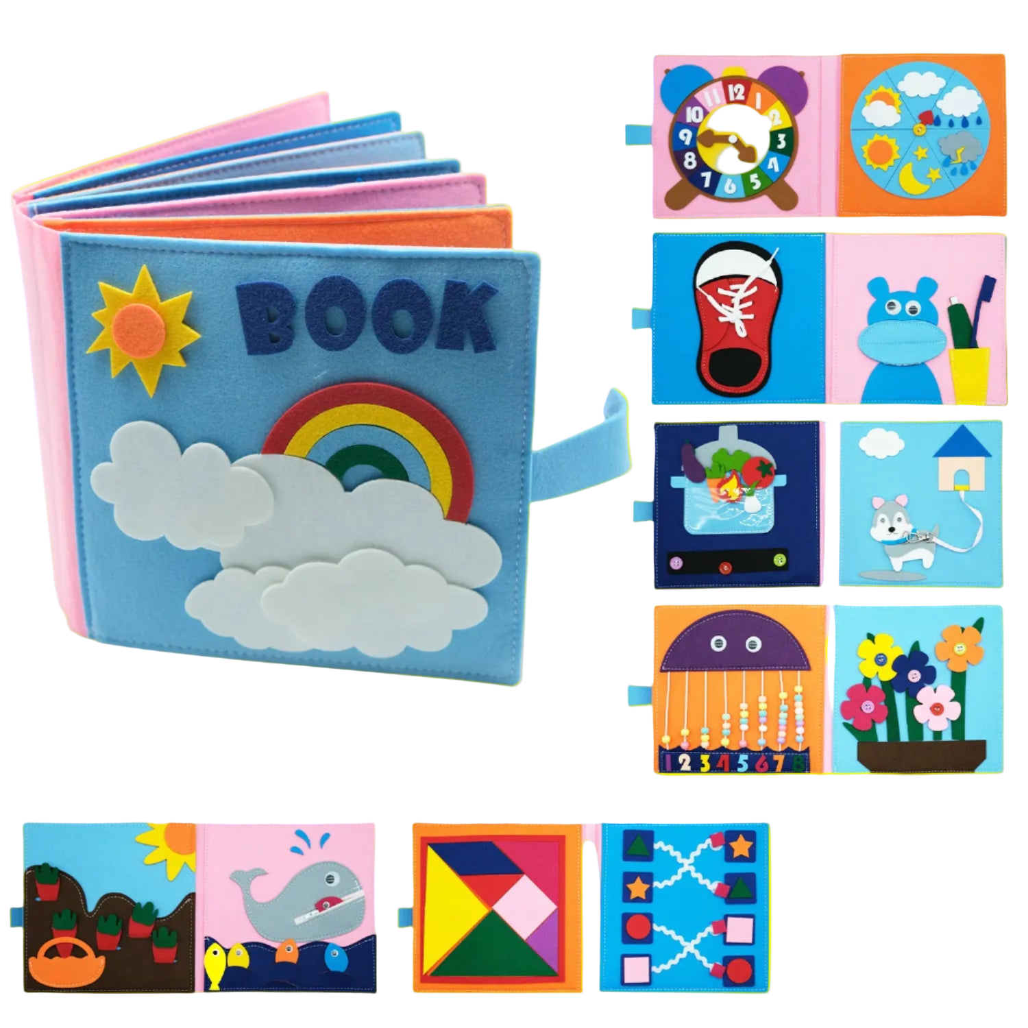 Colorful soft book with various educational panels on a white background