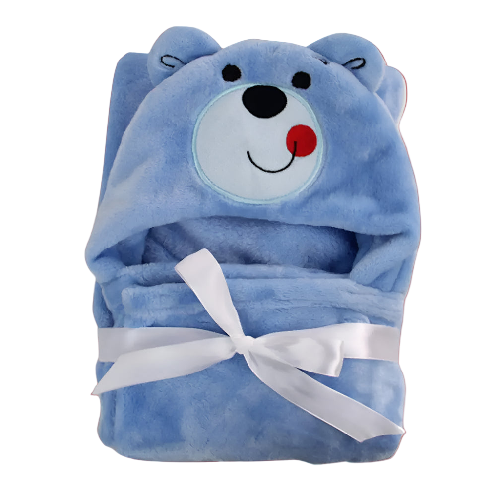 Blue bear-shaped hooded towel with a white bow on a white background