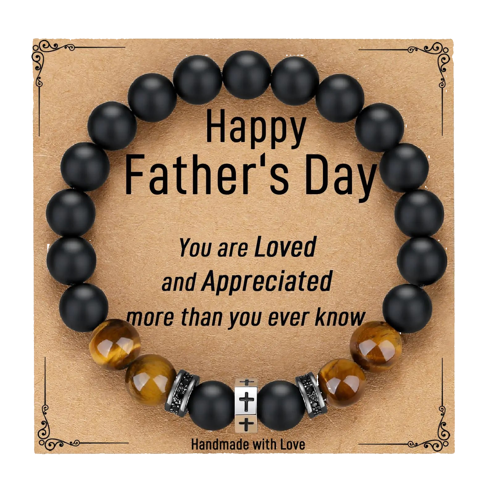 Black beaded bracelet with decorative elements on a 'Happy Father's Day' card.