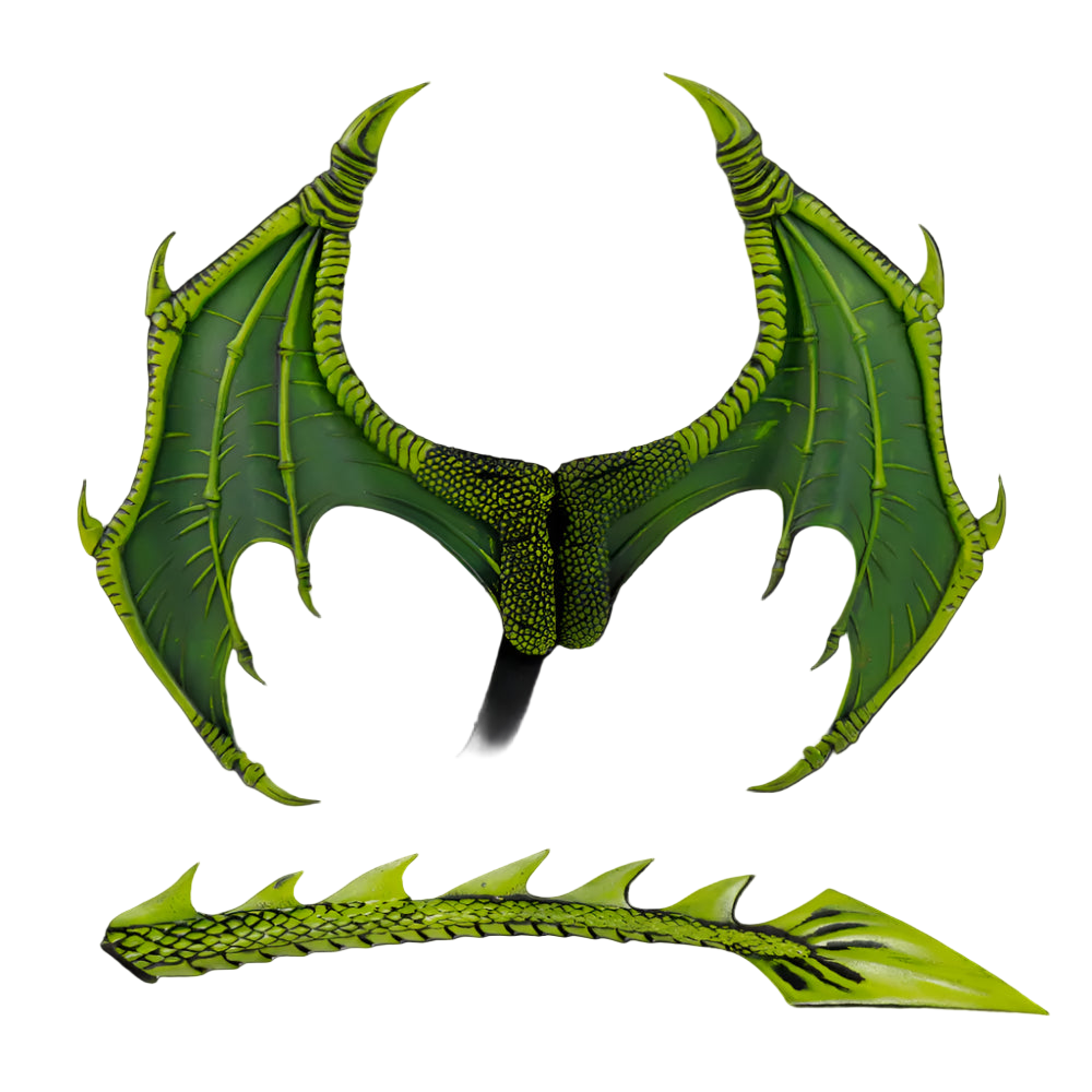 Green dragon wings with black accents and a tail fin on a white background