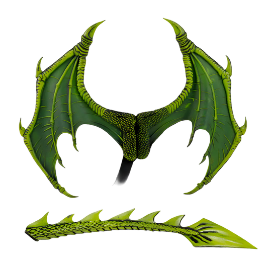 Green dragon wings with black accents and a tail fin on a white background