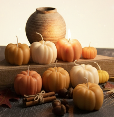 Autumn-themed decor with pumpkins, candles, and leaves on a table.