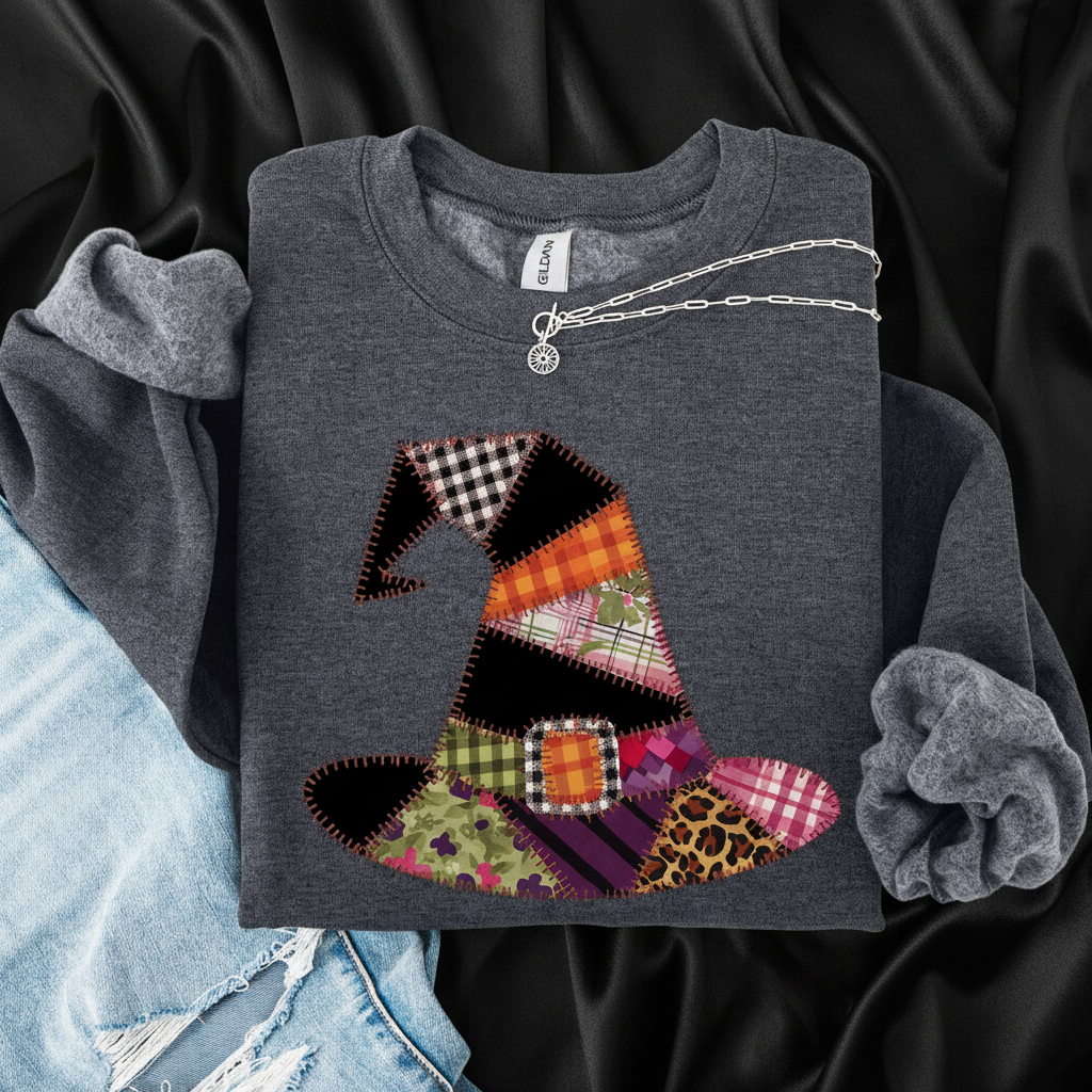 Faux Patchwork Witch Hat Halloween Sweatshirt