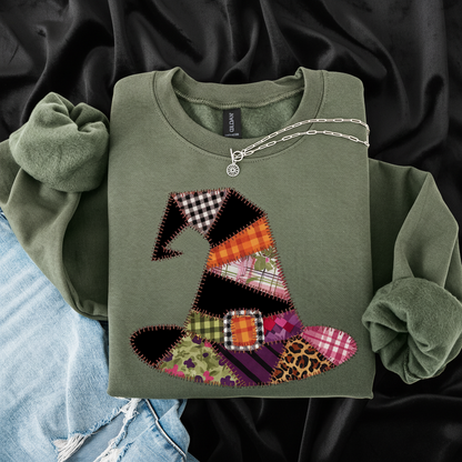 Faux Patchwork Witch Hat Halloween Sweatshirt