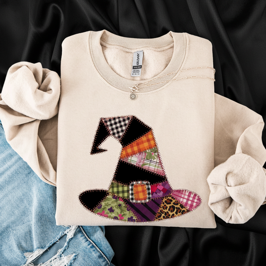 Faux Patchwork Witch Hat Halloween Sweatshirt