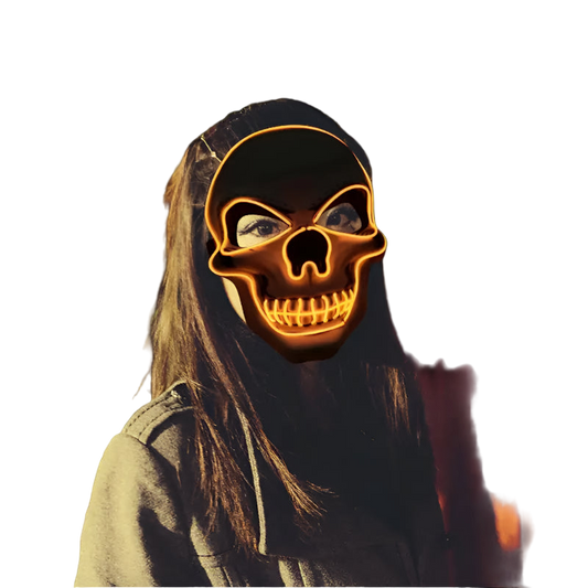 Person wearing a glowing skull mask in a crowd at night