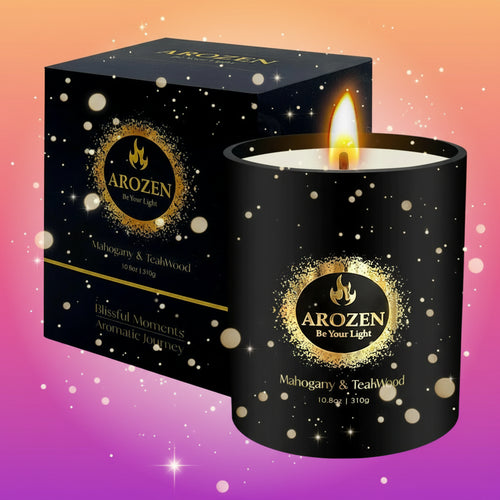 Arozen candle with a lit flame next to its packaging on a white background