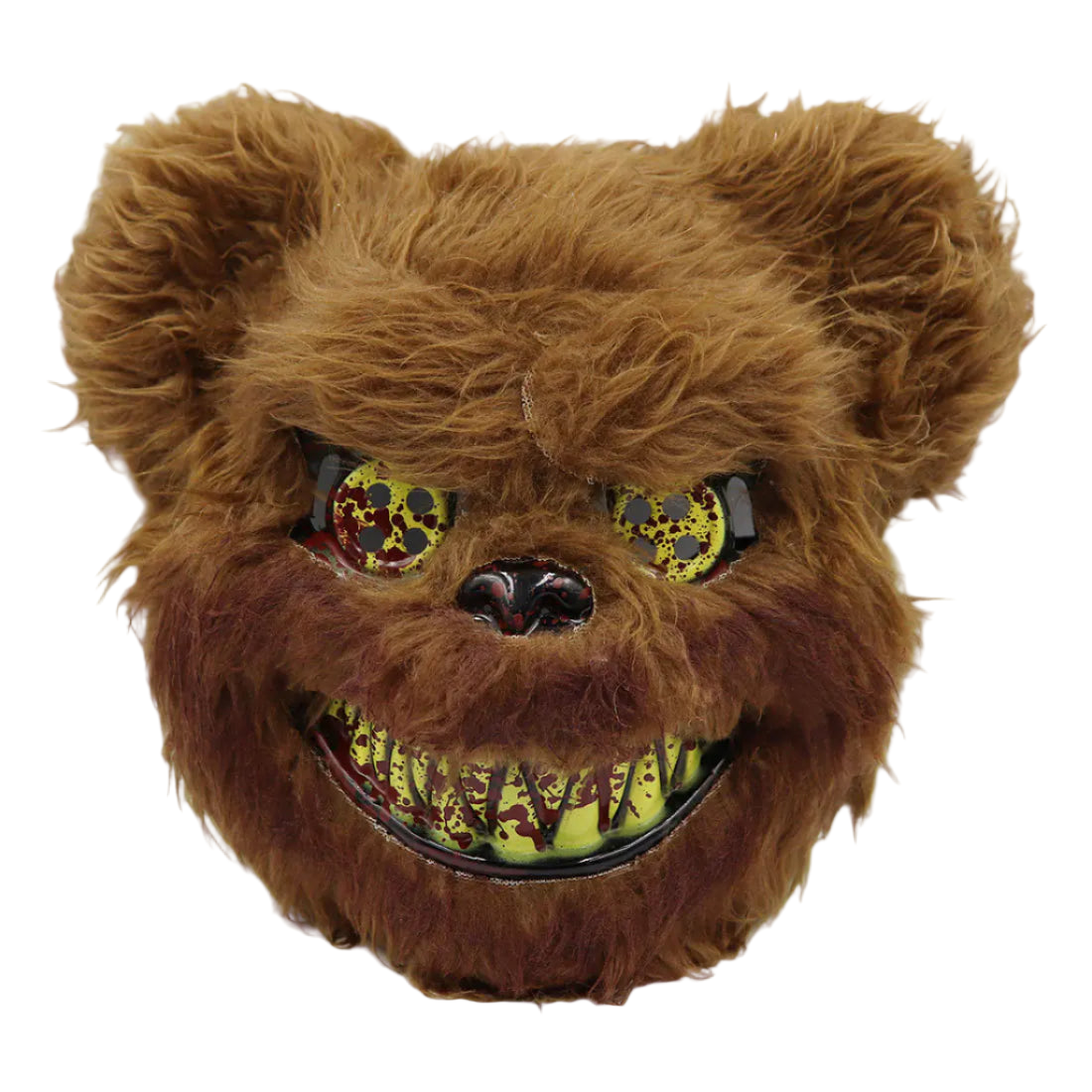 Brown furry mask with yellow and black eyes on a white background
