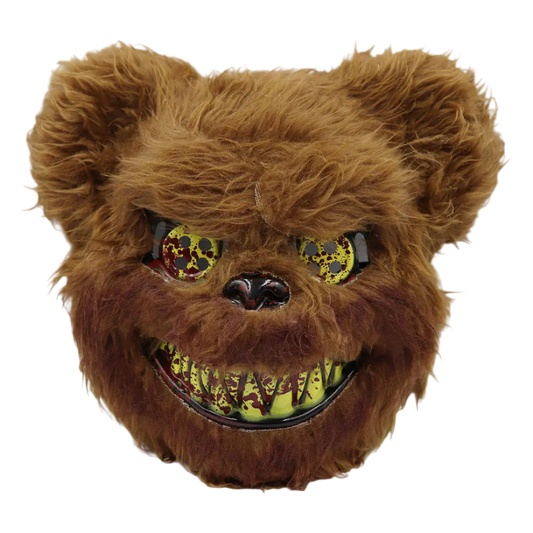Brown furry mask with yellow and black eyes on a white background