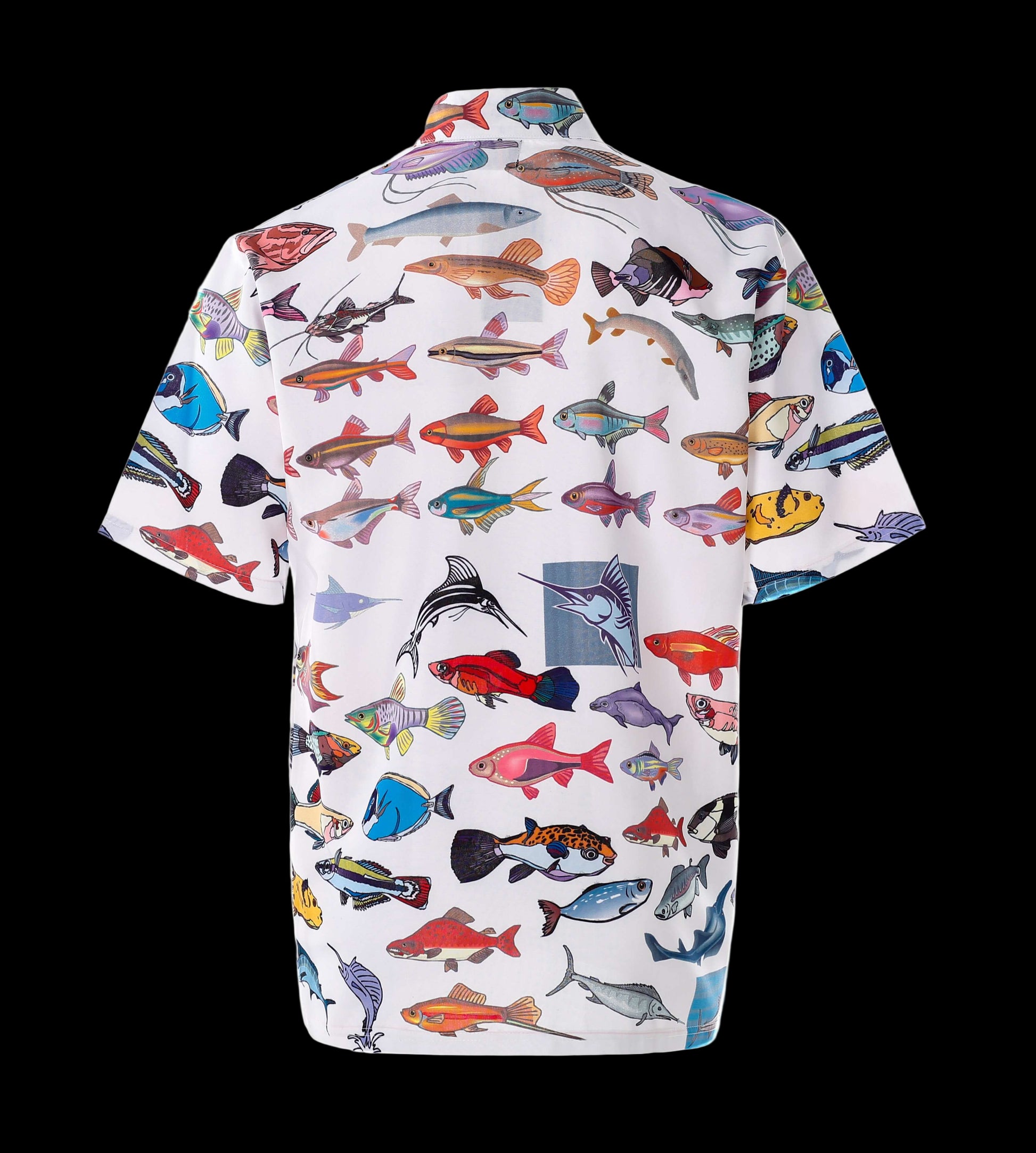 Short-sleeve shirt with colorful fish pattern on a white background