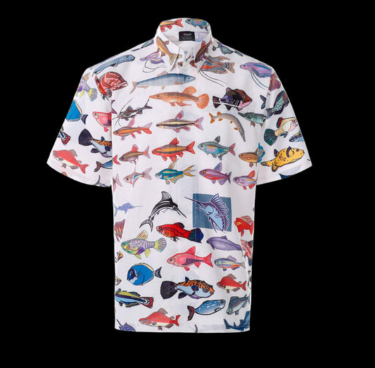 Short-sleeve shirt with colorful fish pattern on a white background