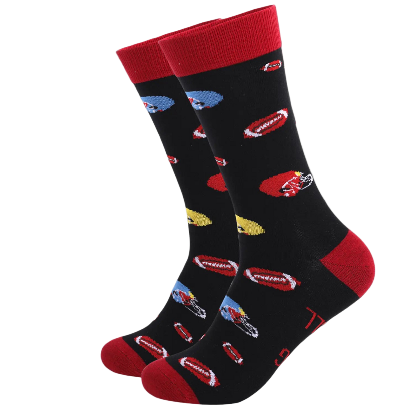 Black socks with colorful hot dog pattern on a white background