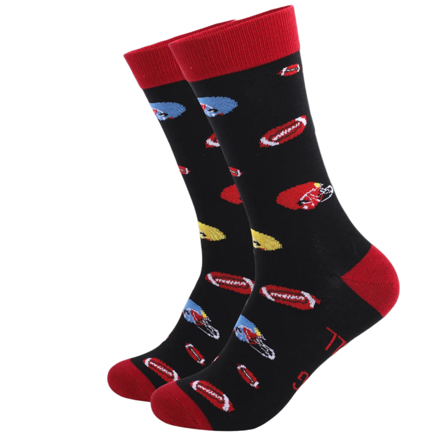 Black socks with colorful hot dog pattern on a white background