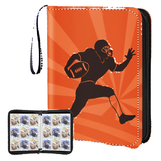 Orange and black sports trading card album with a football player design
