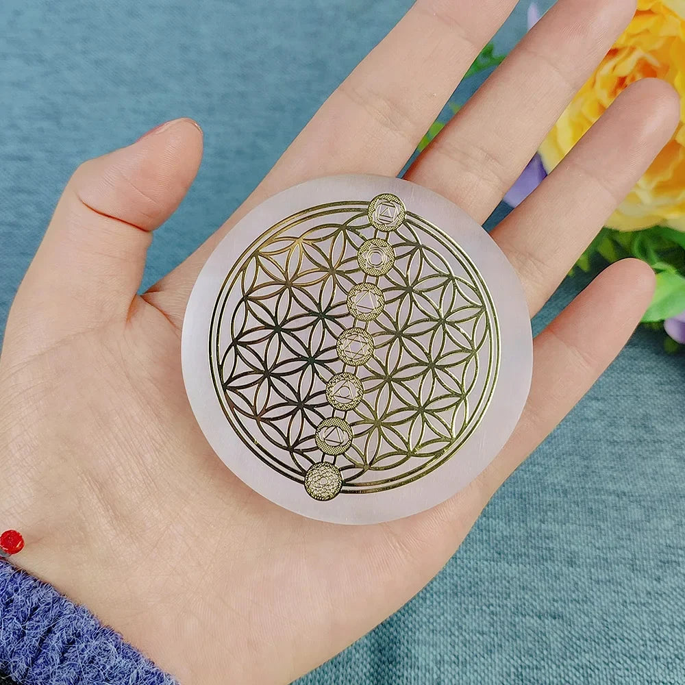 Hand holding a round, white object with a geometric design on a blue background