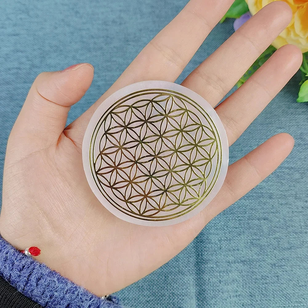 Hand holding a circular sticker with a geometric design on a blue background