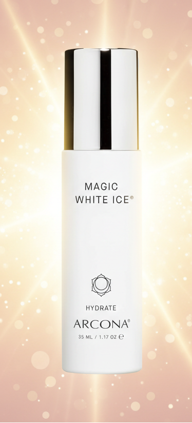 White skincare bottle labeled 'Magic White Ice' by Arcona on a white background