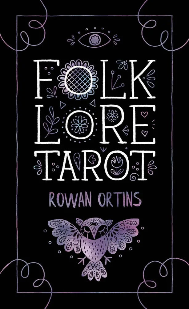 Cover of 'Folklore Tarot' by Rowan Ortins with decorative elements on a black background