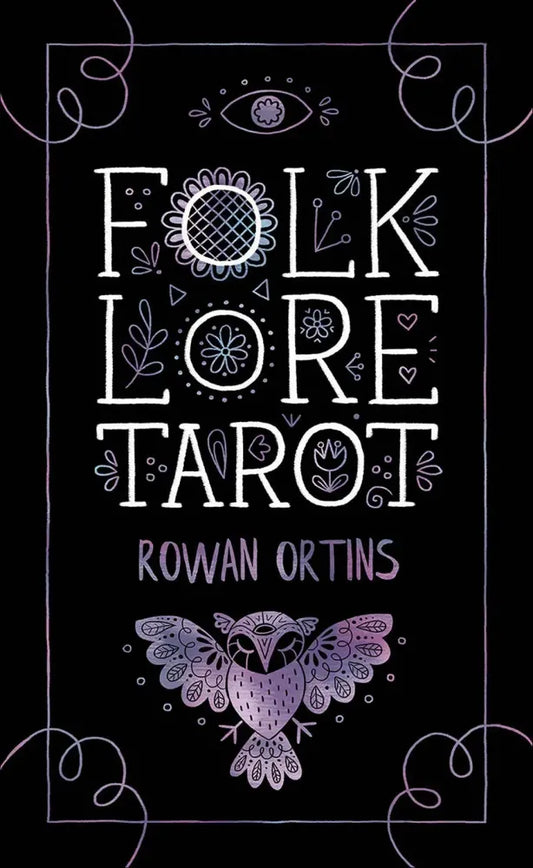 Cover of 'Folklore Tarot' by Rowan Ortins with decorative elements on a black background