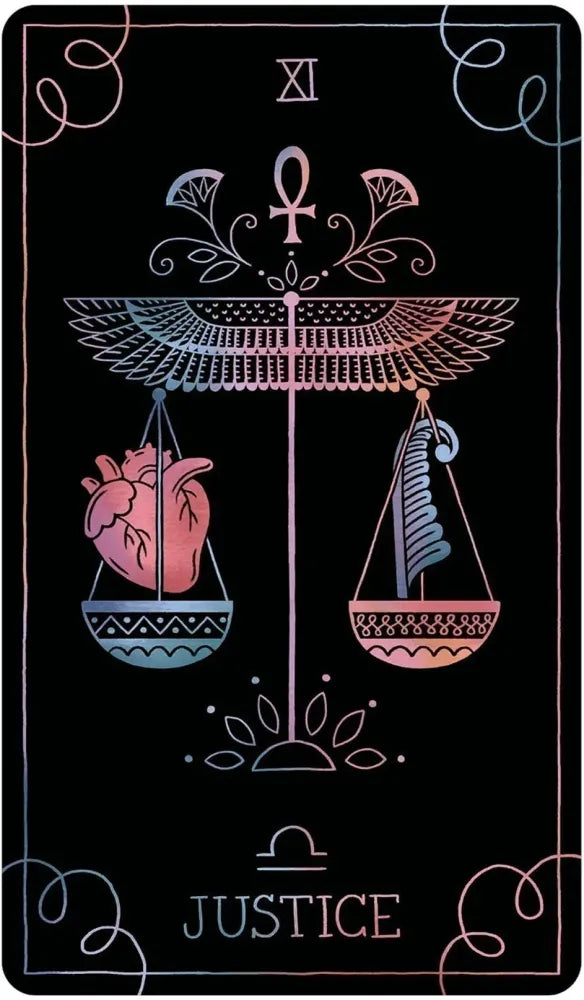Tarot card featuring the 'Justice' symbol with scales, heart, and an ankh on a black background.