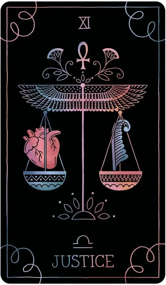 Tarot card featuring the 'Justice' symbol with scales, heart, and an ankh on a black background.