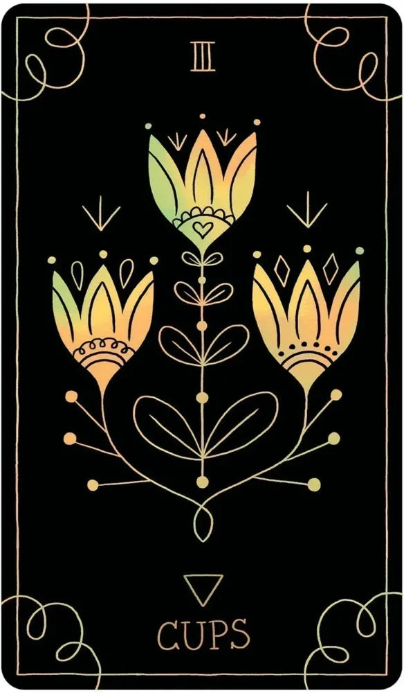 Tarot card with floral design labeled 'Cups' on a black background